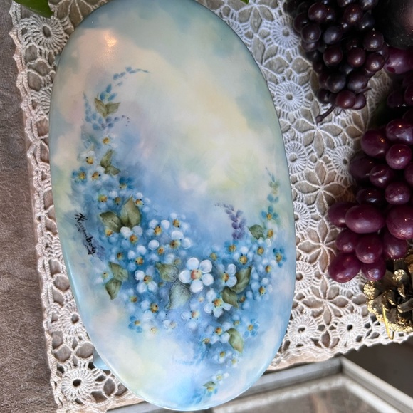 Signed Handpainted Floral Oval Porcelain Vanity Container